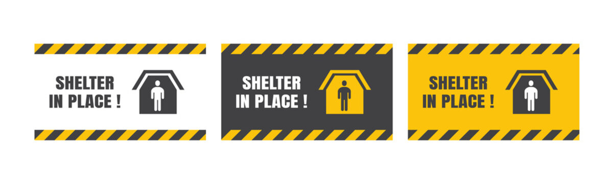 Set of Vector Shelter in Place or Stay at Home or Self Quarantine Various Background Sign with Caution Tape. To Control Coronavirus or Covid 19 Spreading Infection by Government Policy. 16:9 Ratio.