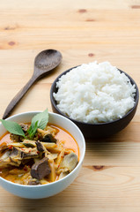Red Curry with Chicken and Bamboo Shoots with Rice, Thai Food, Thailand