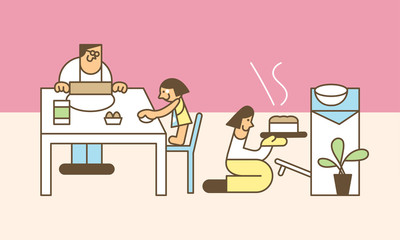 Baking concept illustration. Happy family funny kids are preparing the dough, bake cookies in the kitchen. Vector flat style illustration. Character design.