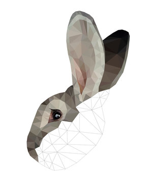 Light grey bunny face low poly triangular vector illustration isolated on white. Polygonal style trendy modern logo business fairy design template for easter invitations and greetings.