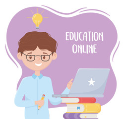 online education, teacher with pencil and laptop on books