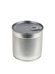Cylindrical sealed tin can isolated on a white background.
