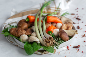 Variety of uncooked wild forest raw mushrooms