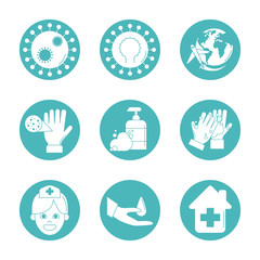 virus covid 19 pandemic respiratory illness icons set line style