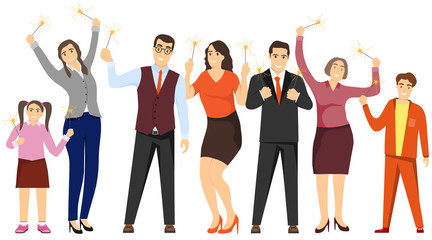 Obraz premium People rejoice. Group of people mini characters having fun. Happy Birthday Banner. Congratulatory poster. Vector illustration.