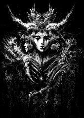 An ominous carnival mask with horns and many small details, her eyes are empty and black like an abyss. On the sides of this mask are another 2 female masks. 2d © warmtail