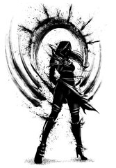 the silhouette of an assassin girl with many blades of blots behind her back, she stands proudly looking forward, dressed in a hood, her hair fluttering in the wind. 2d illustration. © warmtail