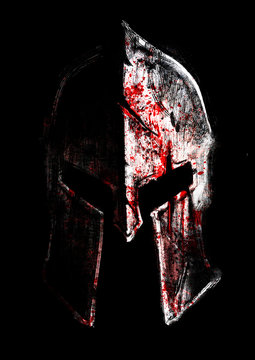 Spartan helmet broken by endless battles, a lot of scratches here and there, deep and not very, it is wrecked with splashes of blood. The helmet is lit from the side so that only half is visible. 2d