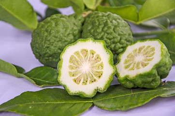 Inside details of cut kaffir lime close up