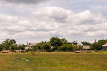 Green meadow with trees and houses far away. Small town