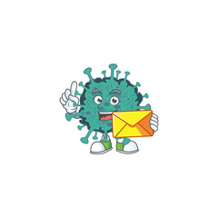 Cute face critical coronavirus mascot design holding an envelope