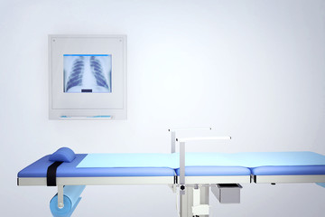 Hospital bed and Chest X-ray film. Concept for inspection of patient who recover from COVID-19 infection and  medical care to heal coronavirus symptoms. Chest radiographs. 3D illustration.