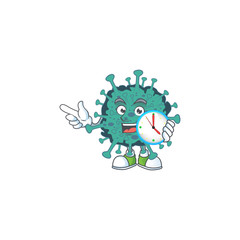 cartoon character style of cheerful critical coronavirus with clock
