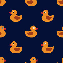 Seamless pattern with ducks, kid's background with polka dots. Vector illustration.