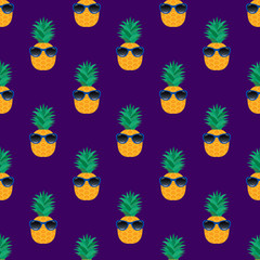 pineapple with glasses, seamless pattern. vector.