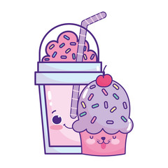 cute food frappe and cupcake cherry sweet dessert pastry cartoon isolated design