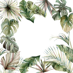 Watercolor tropical border with palm leaves. Hand painted card with monstera, banana and coconut branches isolated on white background. Floral illustration for design, print, fabric or background.
