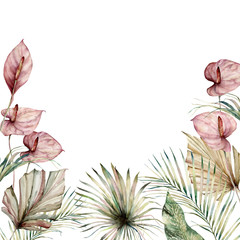 Watercolor tropic border with anthurium and palm leaves. Hand painted frame with flowers and plant isolated on white background. Floral holiday illustration for design, print, background. - obrazy, fototapety, plakaty