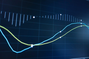 Stock market trading graph and candlestick chart on screen monitor background. Financial investment and economic concept.