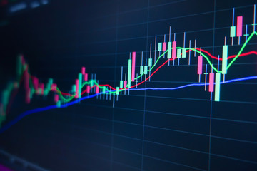 Stock market trading graph and candlestick chart on screen monitor background. Financial investment and economic concept.