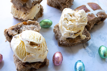 Hot cross buns ice cream bun sandwiches with easter eggs
