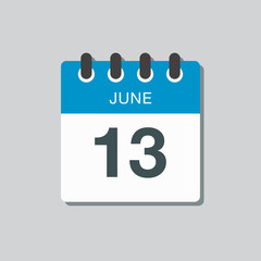 Icon calendar day 13 June, summer days of the year