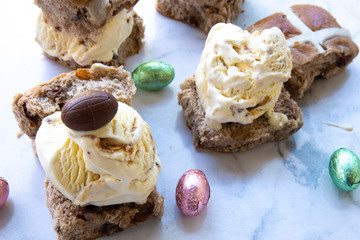 Hot cross buns ice cream bun sandwiches with easter eggs