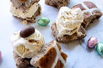 Hot cross buns ice cream bun sandwiches with easter eggs