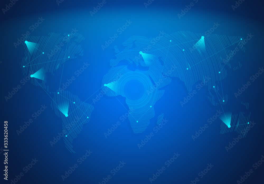 Poster cloud computing world map background with abstract colors and connected lines