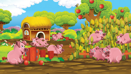 cartoon scene with pigs on a farm ranch having fun - illustration