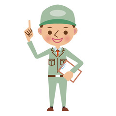 指差しをする作業服姿の男性