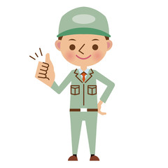 グッドサインをする作業服姿の男性