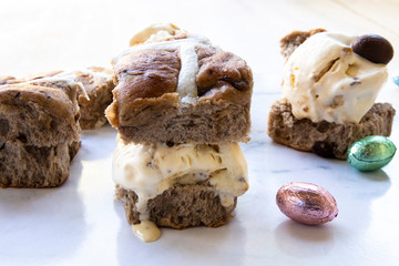 Hot cross buns ice cream bun sandwiches with easter eggs