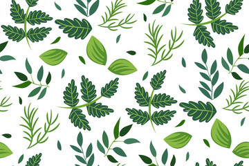 Fototapeta na wymiar Green leaves of various plants on a white background. Seamless Botanical pattern. Fresh background, backdrop, template for wrapping paper, prints, web design... Vector illustration.