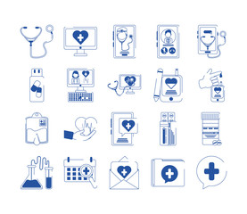 online doctor health medicine care blue line style icons set