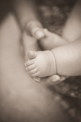 Legs of a barefoot little girl in mom's hands. Top view on the hands of a mother holding her daughter.