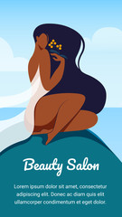 Beauty Salon Vertical Banner. Beautiful Woman with Black Long Hair and Dark Skin Wearing White Transparent Cape Sitting on Rock with Flower in Hand. Advertising Flyer. Cartoon Flat Vector Illustration