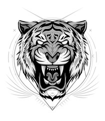 Tiger logo. Black white illustration of a tiger head. Portrait of a predator. Tattoo wild cats.