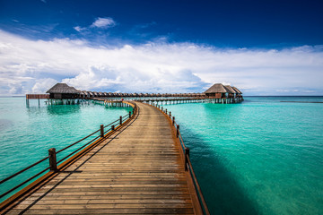 Perfect landscape of Maldives beach. Tropical panorama, luxury water villa resort with wooden pier or jetty. Luxury travel destination background for summer holiday and vacation concept.