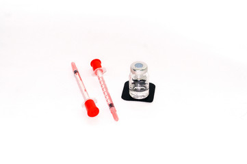 Medicine,vaccine,virus antidote, antivirus with injection syringe isolated on white background for...