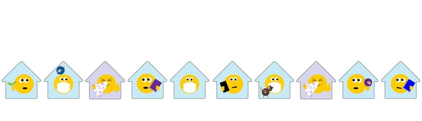 group of houses with emojis staying home, socail distancing, quarantine banner heading. Coronavirus, covid19, youth concept