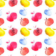 watercolor illustration, pattern apples, red and yellow apples,food