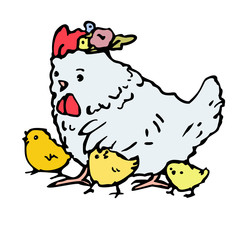 Hen and three chicken. Vector illustration in cartoon style. Isolated on a white background.