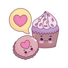 cute food cupcake and cookie love heart sweet dessert pastry cartoon isolated design