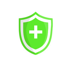 Green shield of protection. Guards against diseases. Medical symbol of immunity and security. Armor and cross. Abstract flat illustration
