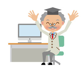 パソコンの前でバンザイをする博士・学者