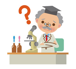 顕微鏡と悩んでいる博士・学者