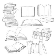 .A set of various books. Linear vector drawing of books. Isolated elements in sketch style.  Hand-drawn vector illustration.