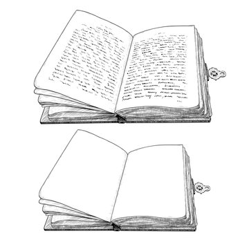 . Old open book with clasp. Set of two books. Hand-drawn vintage drawing . Vector sketch. Isolated object on white background. Imitation of engraving.