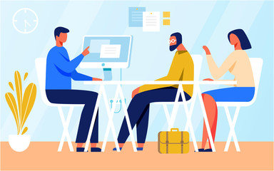 Cartoon Faceless People Characters in Meeting Illustration. Flat Vector Man Sitting at Computer and Talking to Woman. Male in Eyeglasses Sitting near at Table. Business Interview, Report Presentation